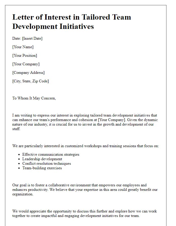 Letter template of interest in tailored team development initiatives.