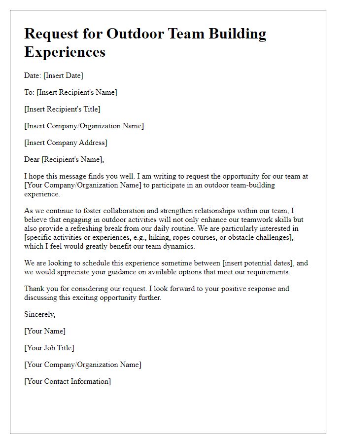 Letter template of request for outdoor team building experiences.