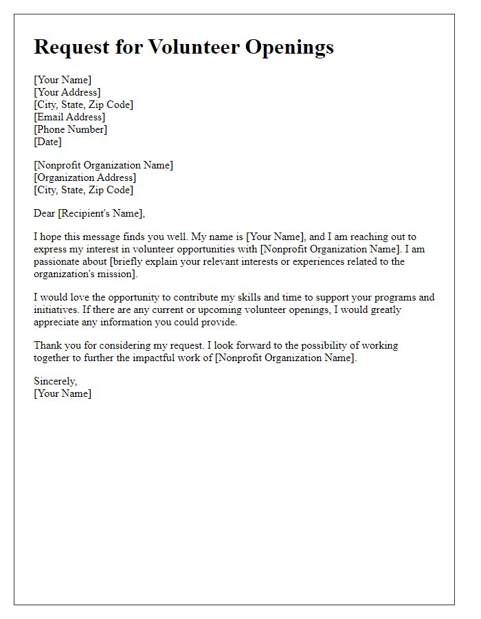 Letter template of request for volunteer openings in nonprofit organizations