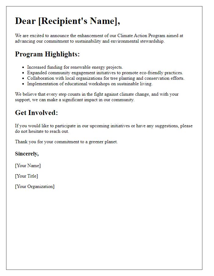 Letter template of climate action program enhancement