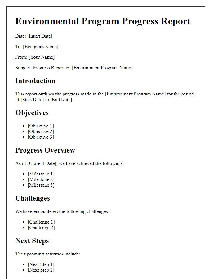 Letter template of environmental program progress report