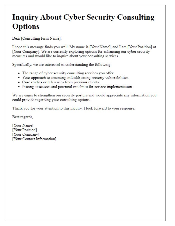 Letter template of inquiry about cyber security consulting options