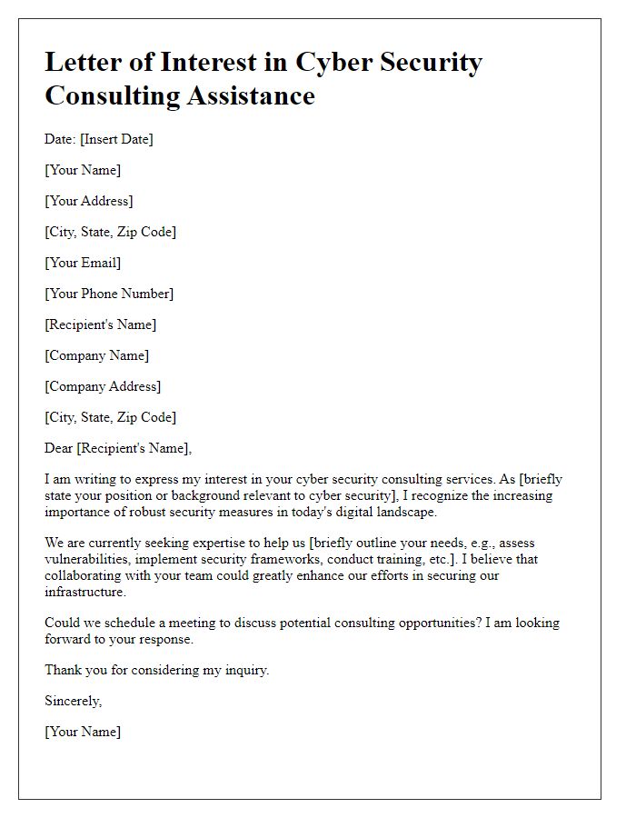 Letter template of interest in cyber security consulting assistance