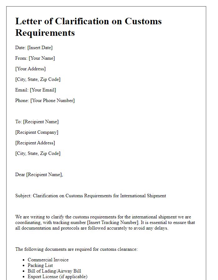 Letter template of international shipment clarification on customs requirements