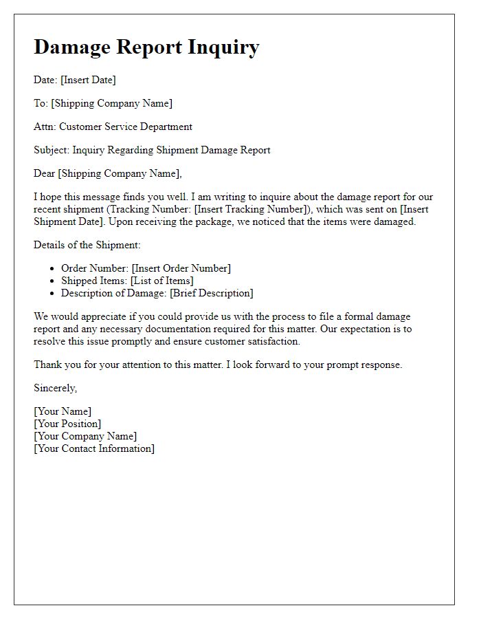 Letter template of international shipment damage report inquiry