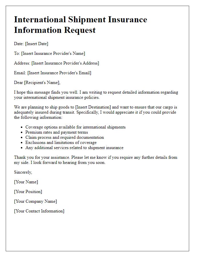 Letter template of international shipment insurance information request