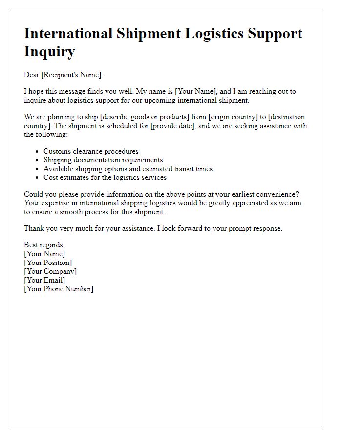 Letter template of international shipment logistics support inquiry