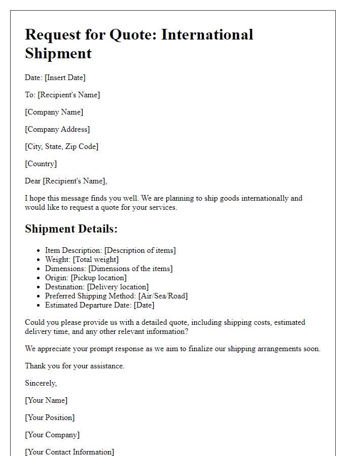 Letter template of international shipment request for quotes