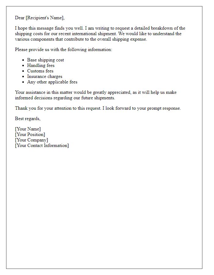 Letter template of international shipping cost breakdown request