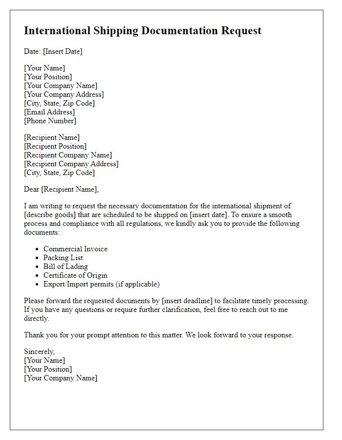 Letter template of international shipping documentation request