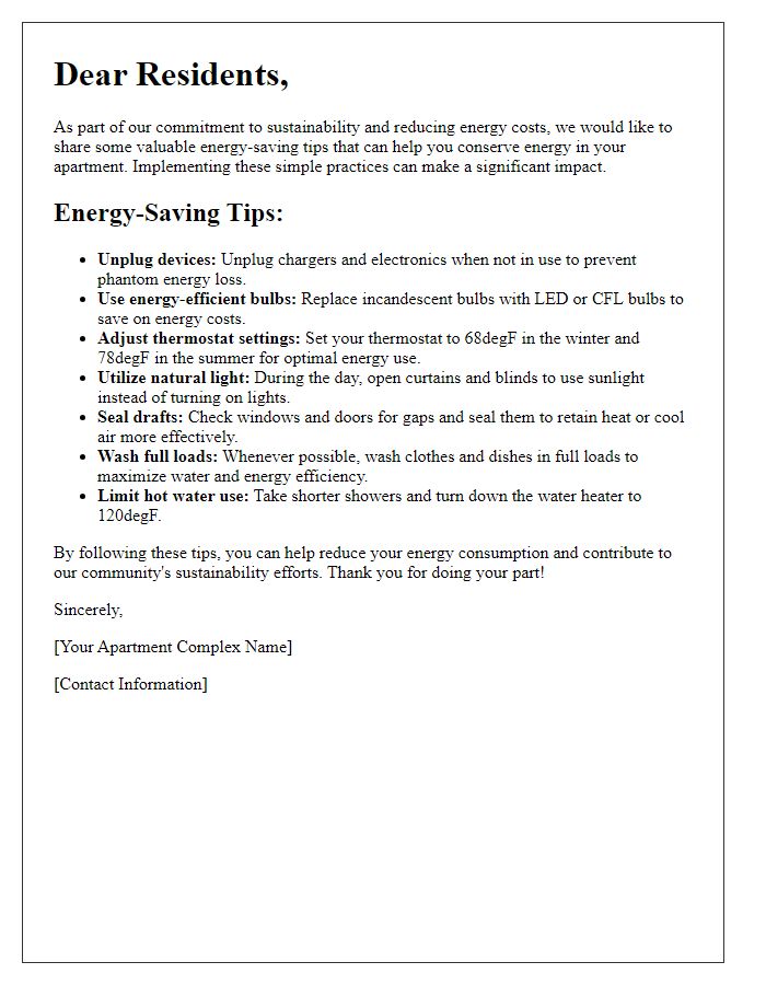 Letter template of energy-saving tips for apartment complexes