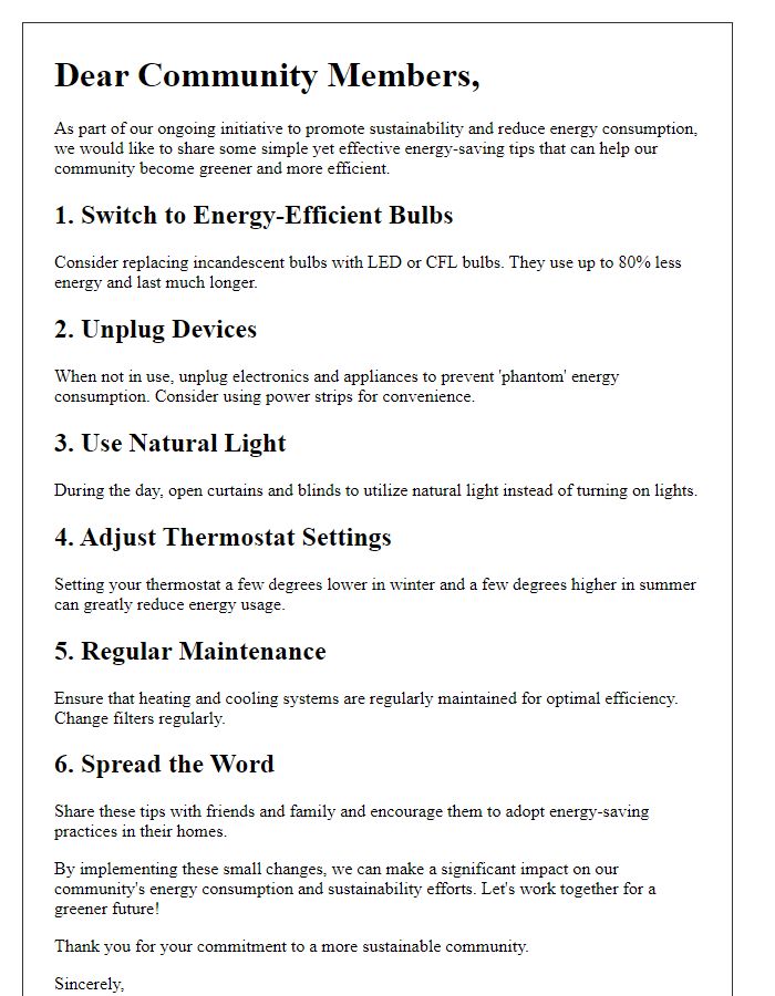 Letter template of energy-saving tips for community initiatives