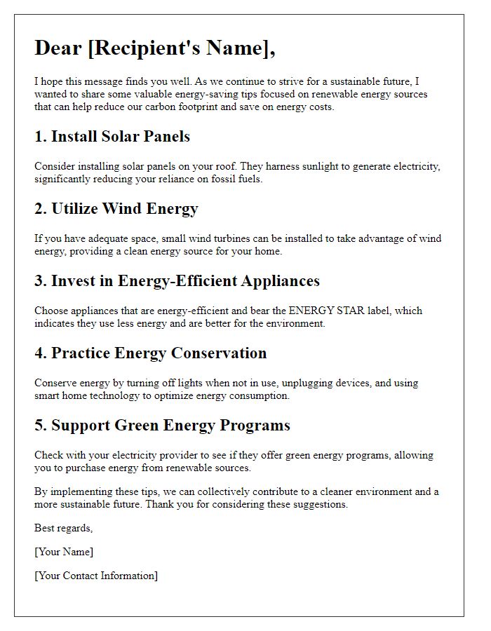 Letter template of energy-saving tips focused on renewable energy sources