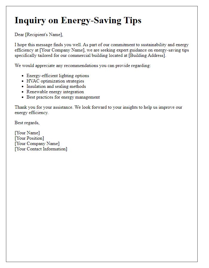 Letter template of energy-saving tips inquiry for a commercial building