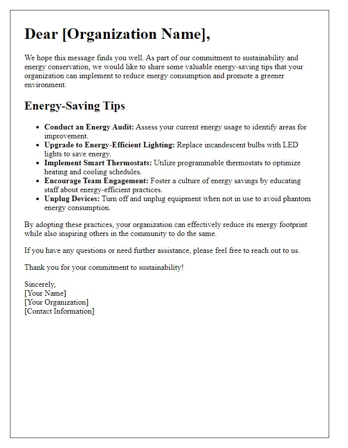 Letter template of energy-saving tips for non-profit organizations