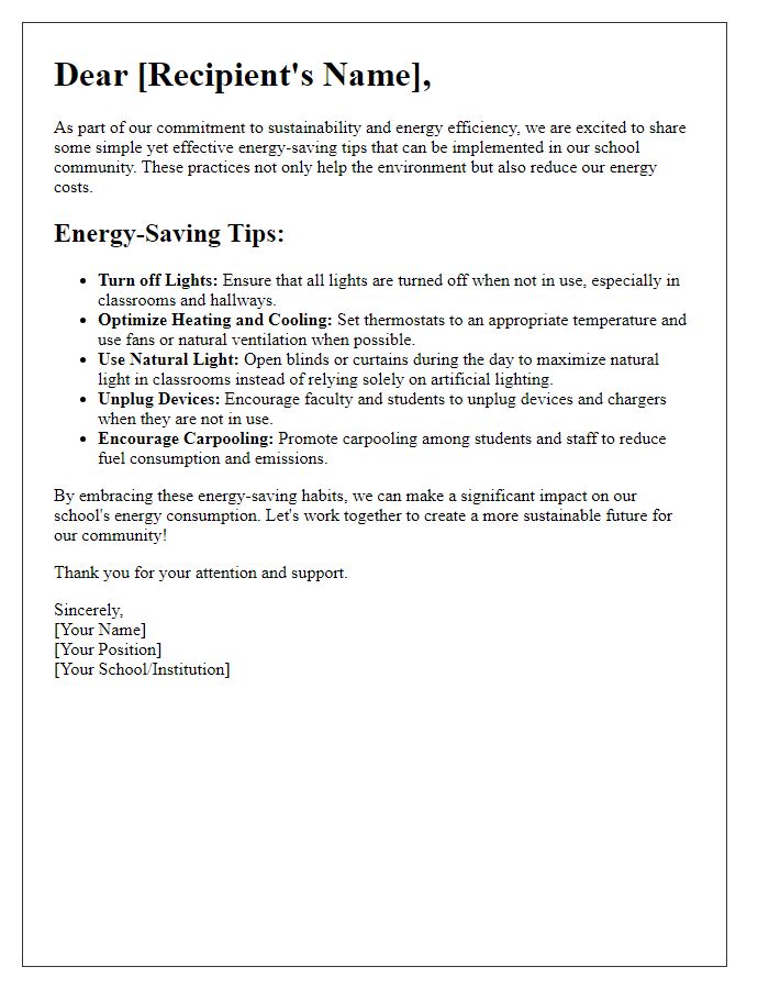 Letter template of energy-saving tips for schools and educational institutions