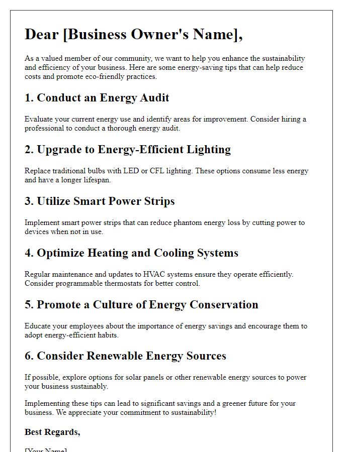 Letter template of energy-saving tips for small businesses