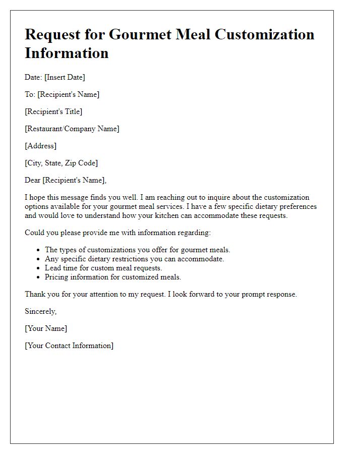 Letter template of request for gourmet meal customization information.