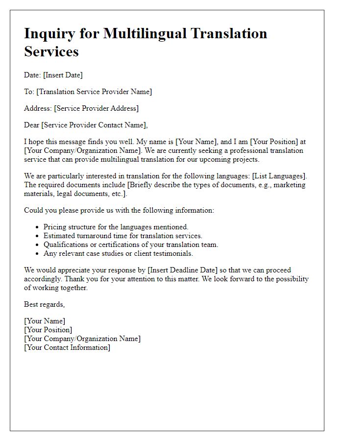 Letter template of inquiry for multi-lingual translation services