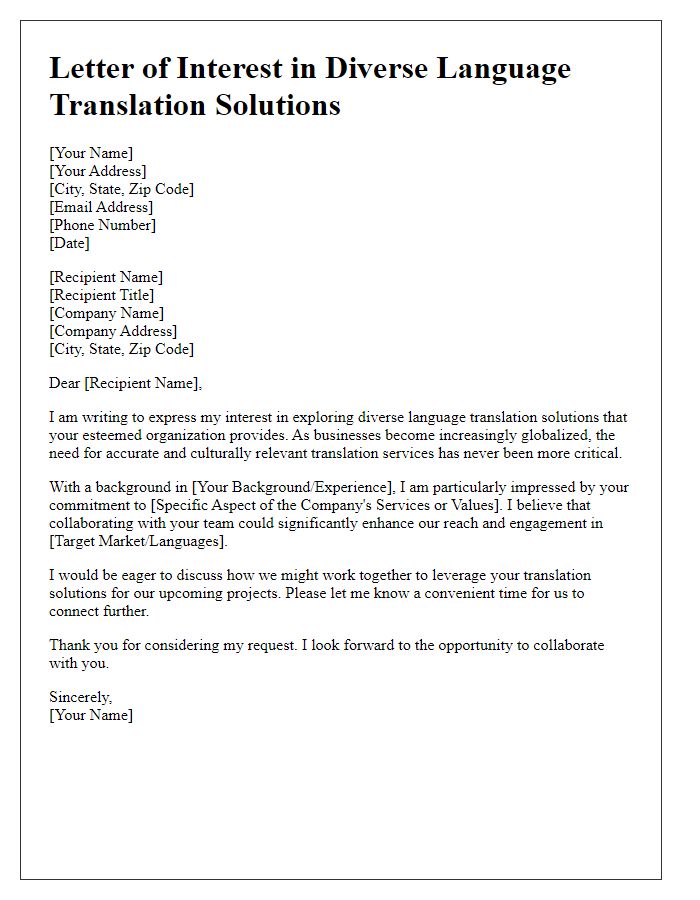 Letter template of interest in diverse language translation solutions