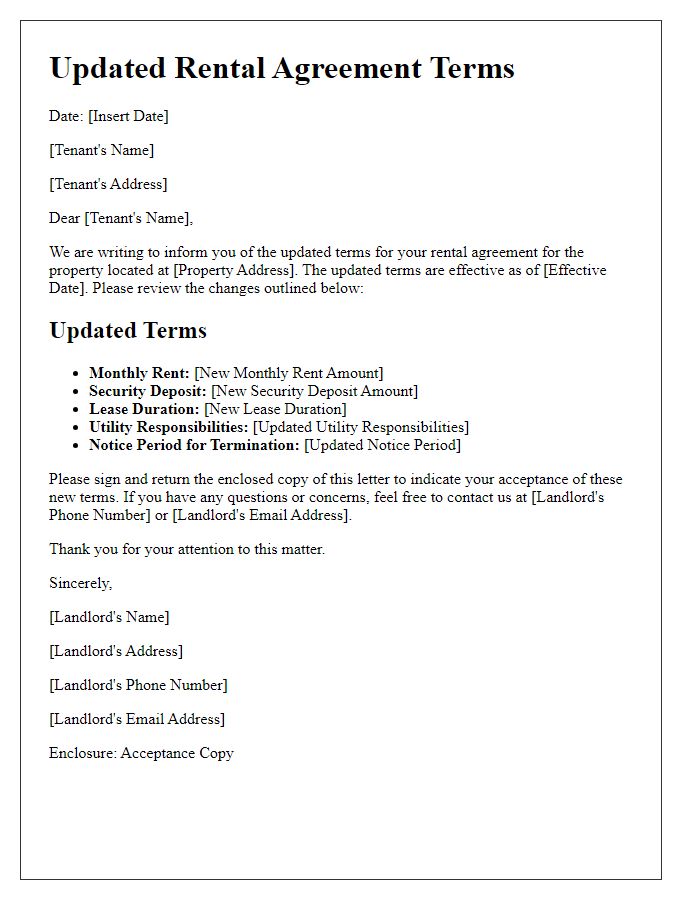 Letter template of updated rental agreement terms