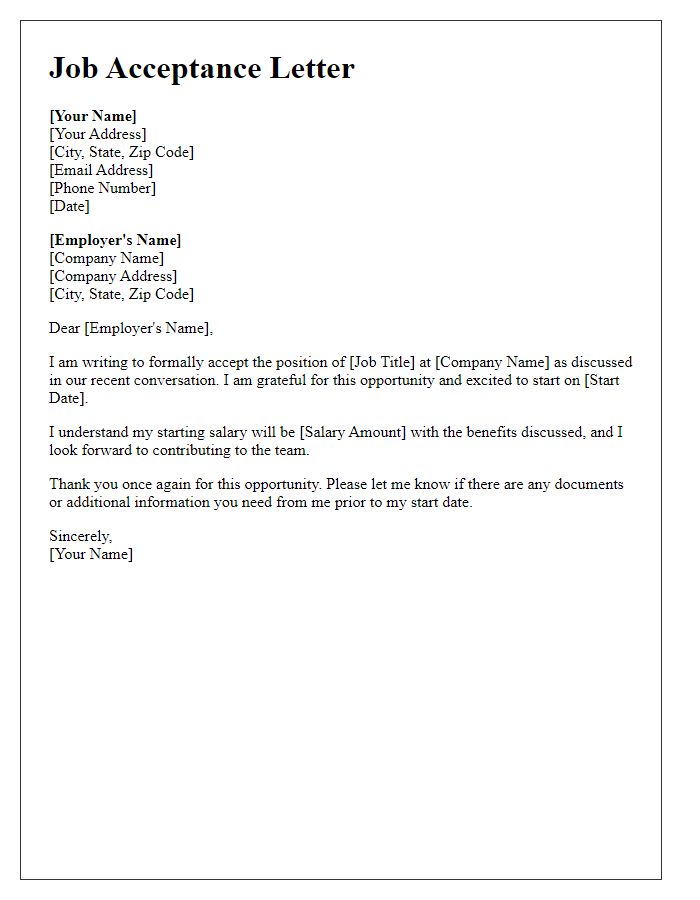 Letter template of acceptance for a job position