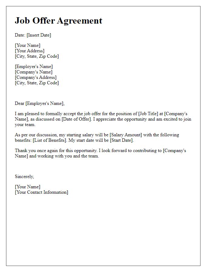 Letter template of agreement to job offer