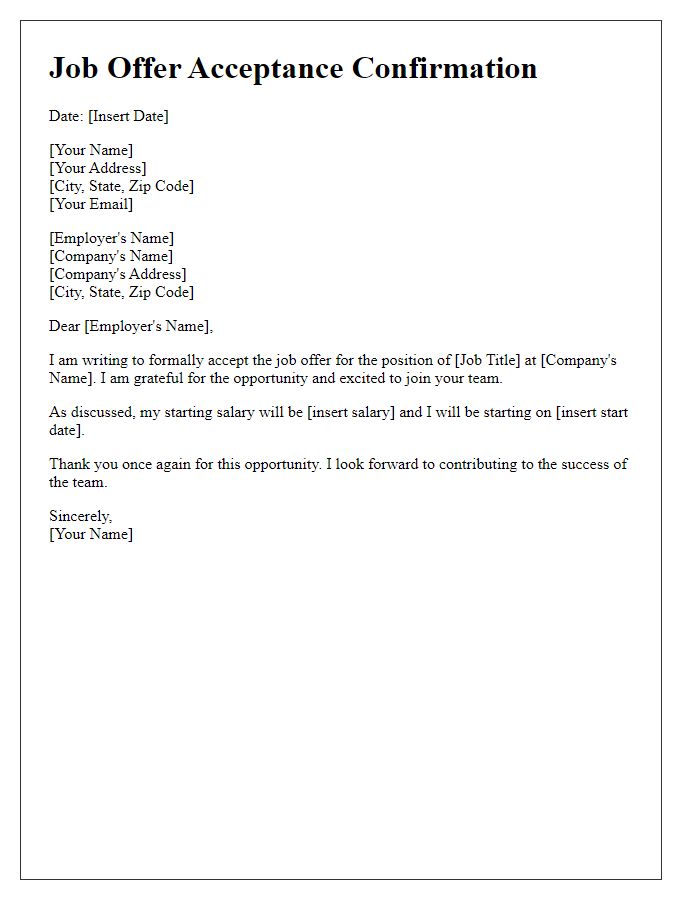 Letter template of confirmation for job offer acceptance