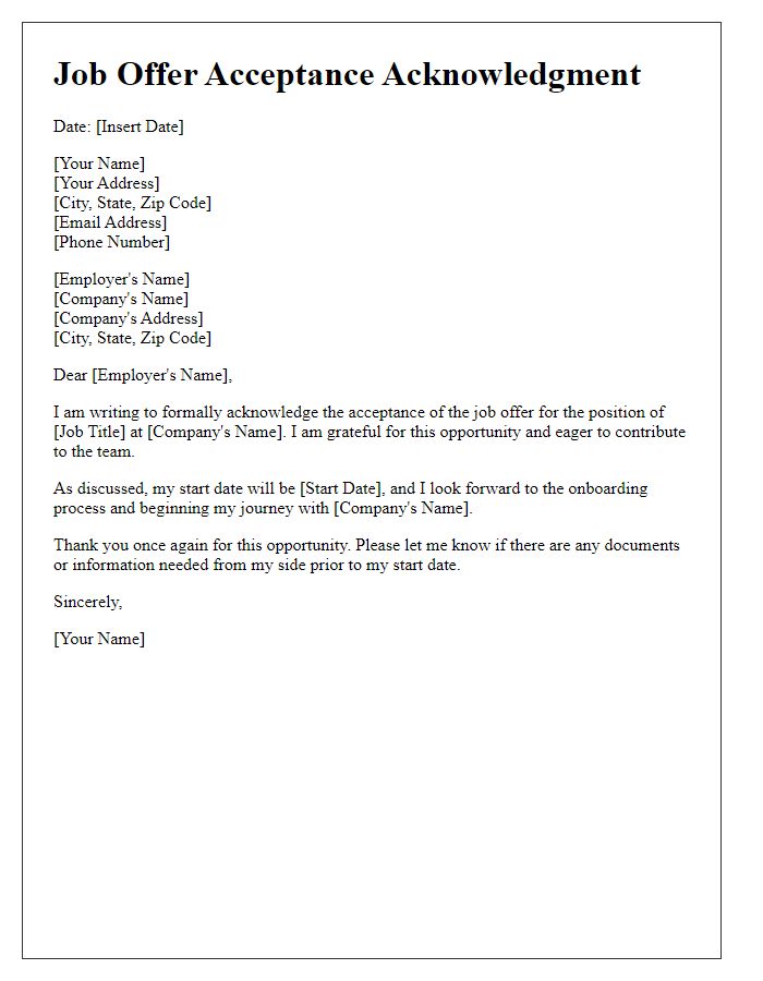 Letter template of job offer acceptance acknowledgment