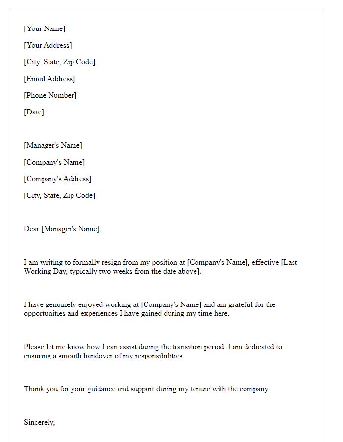 Letter template of formal job resignation notice