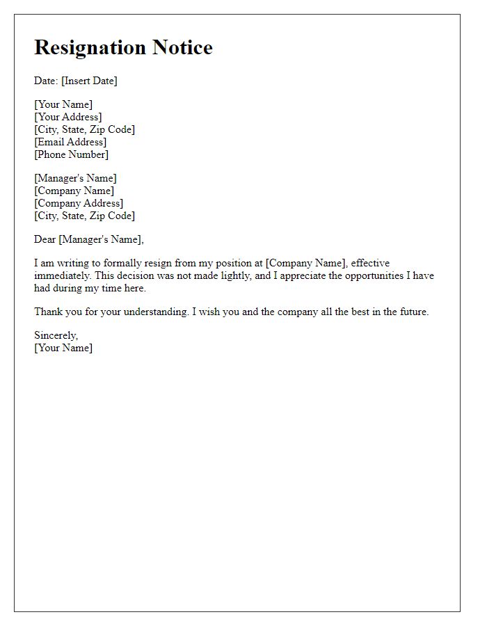 Letter template of immediate job resignation notice