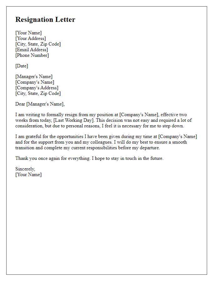 Letter template of job resignation due to personal reasons