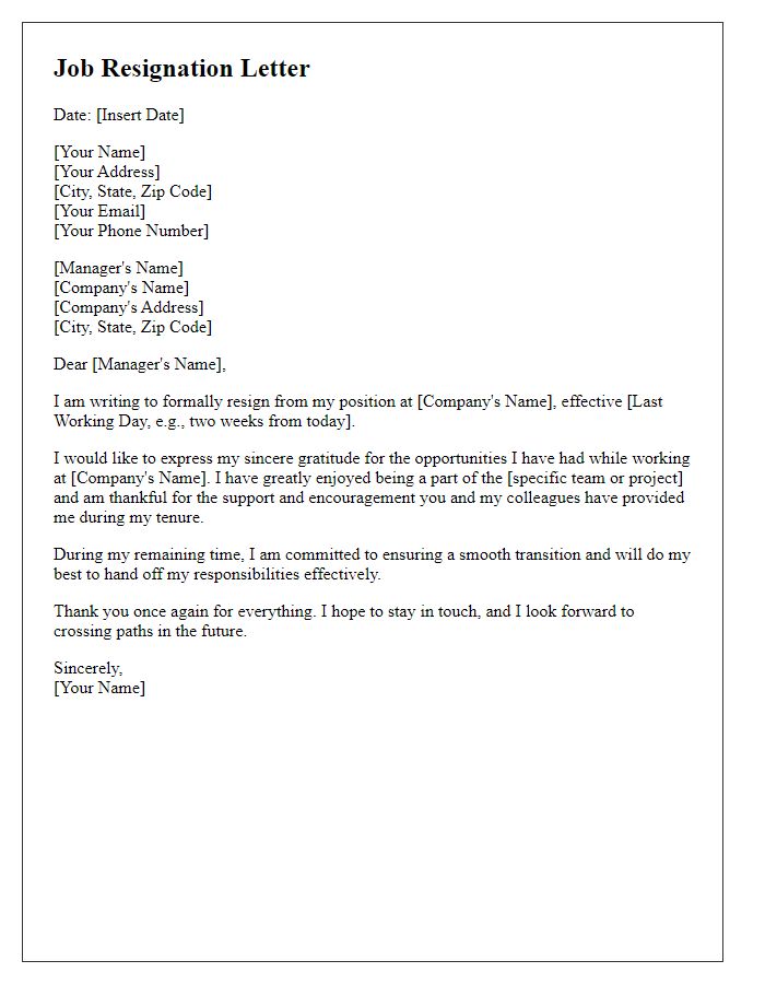 Letter template of job resignation with gratitude