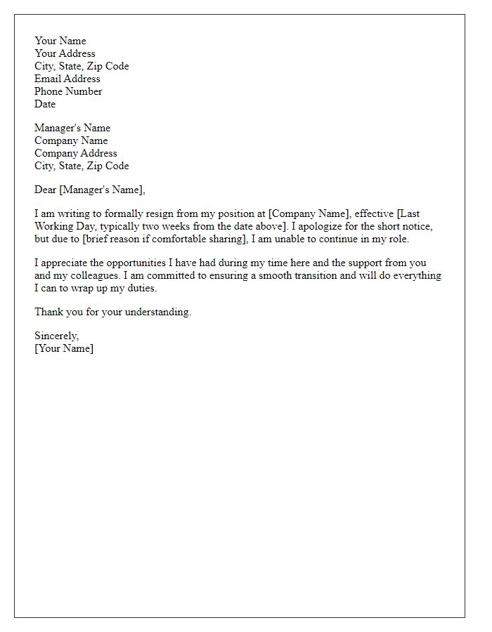 Letter template of short notice job resignation