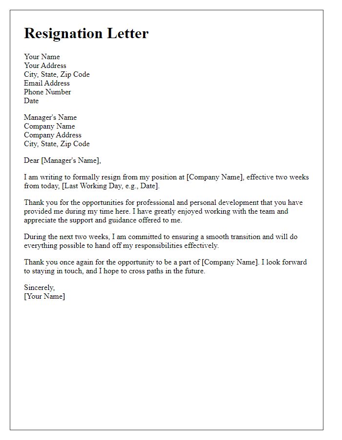 Letter template of two weeks job resignation notice