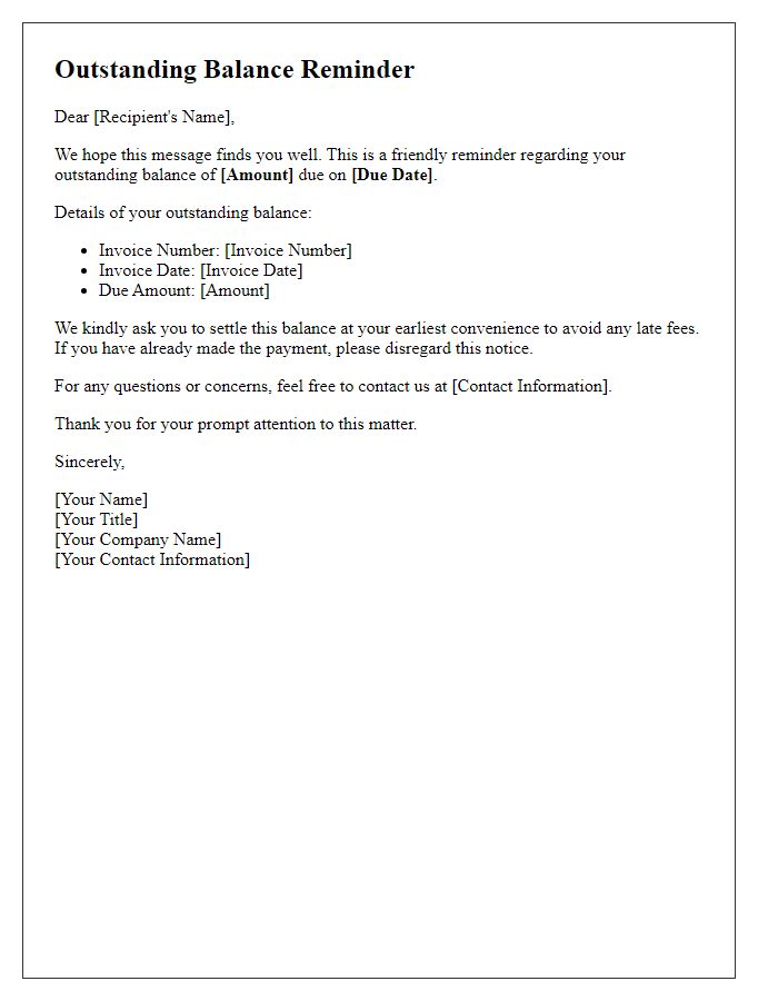 Letter template of outstanding balance reminder