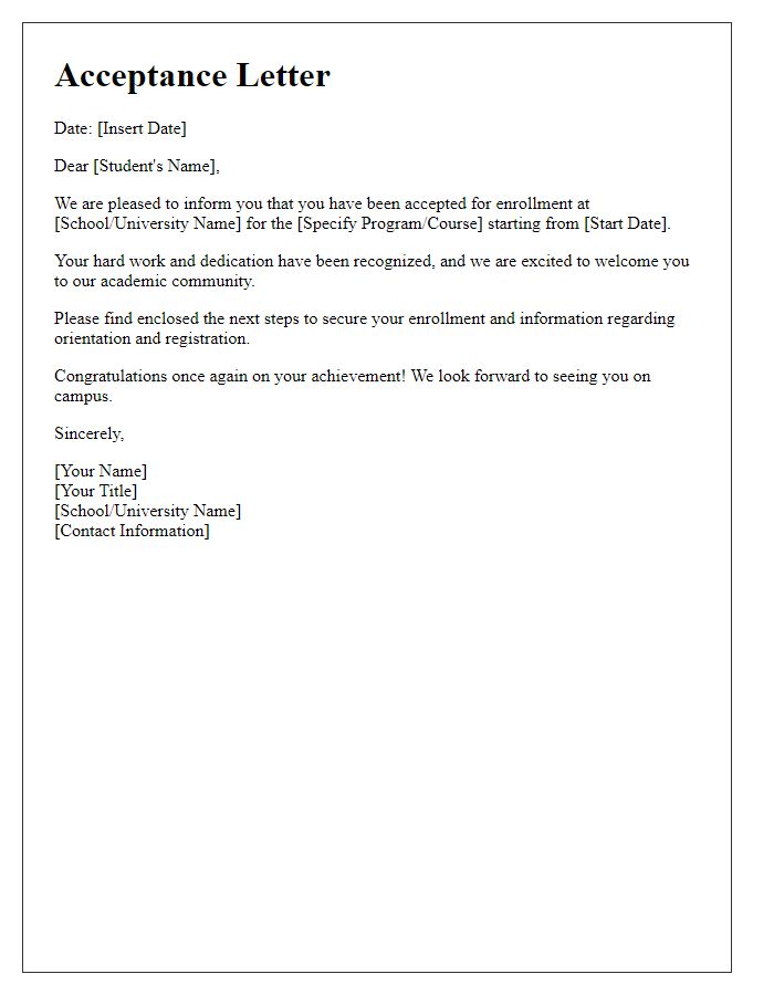 Letter template of Acceptance Letter for Student Enrollment