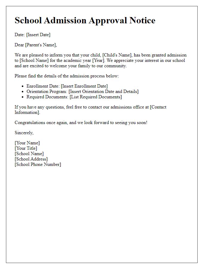 Letter template of School Admission Approval Notice