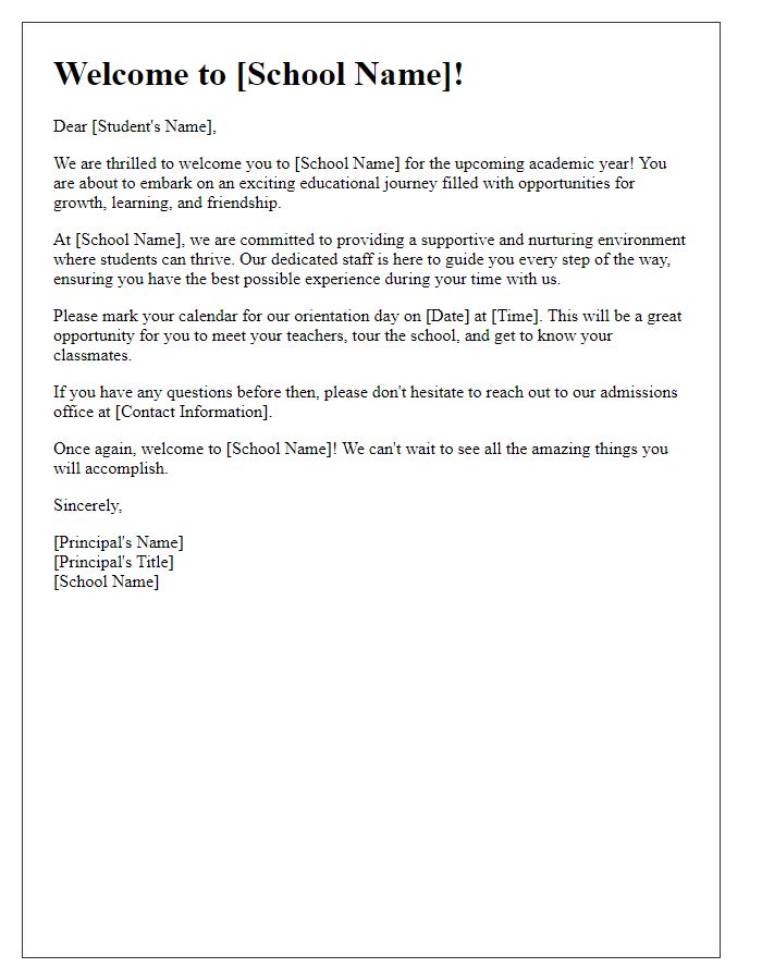 Letter template of School Admission Welcome Letter