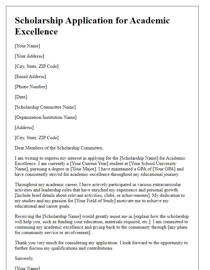 Letter template of scholarship application for academic excellence