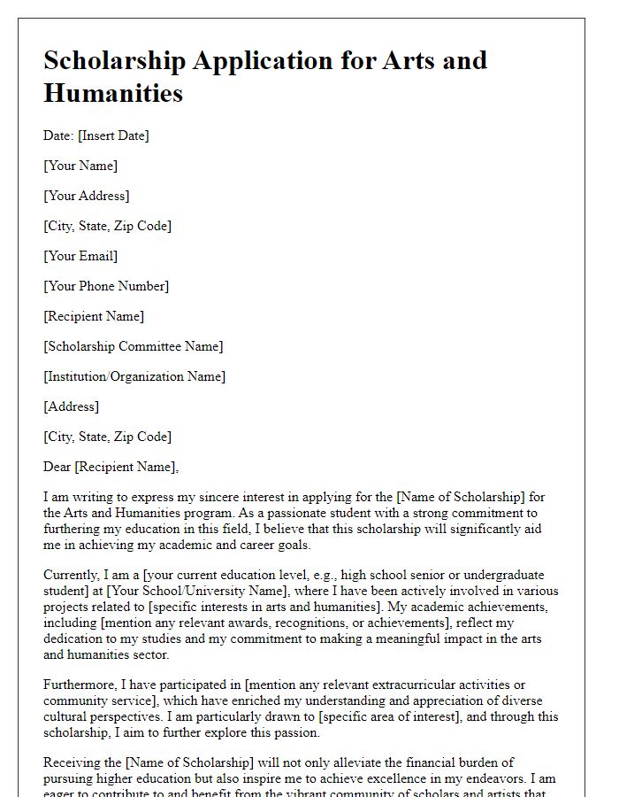 Letter template of scholarship application for arts and humanities