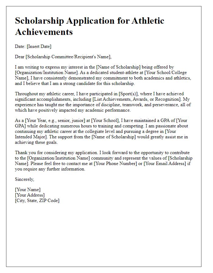 Letter template of scholarship application for athletic achievements