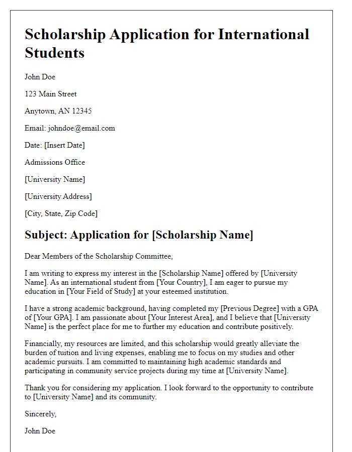 Letter template of scholarship application for international students