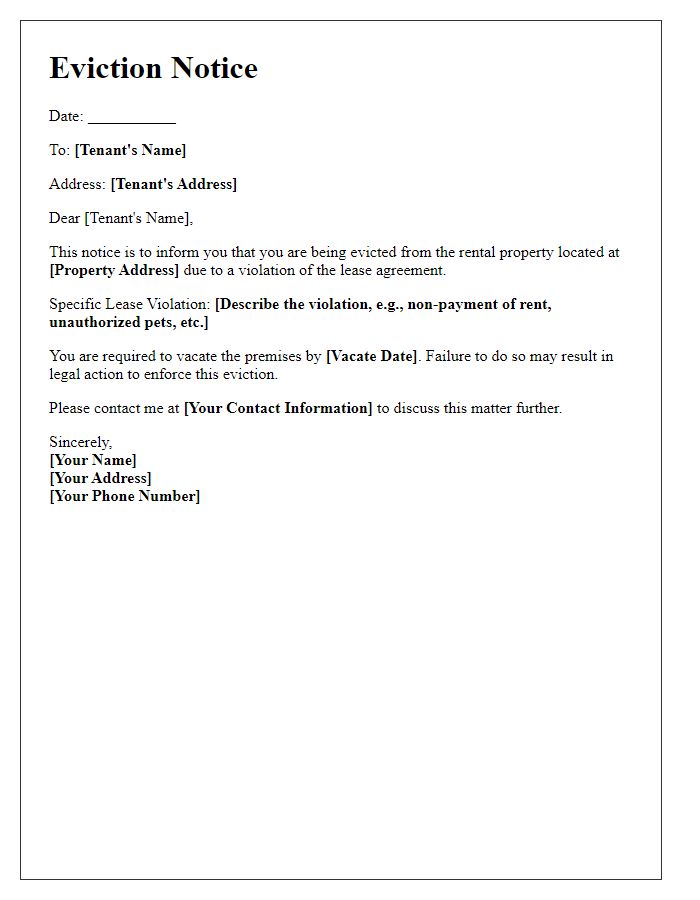 Letter template of eviction notice for lease violation.