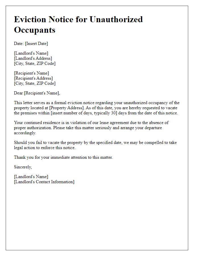 Letter template of eviction notice for unauthorized occupants.