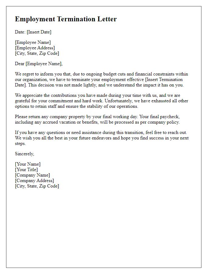 Letter template of employment termination due to budget cuts.