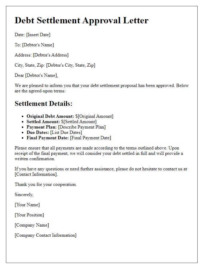 Letter template of approved debt settlement terms