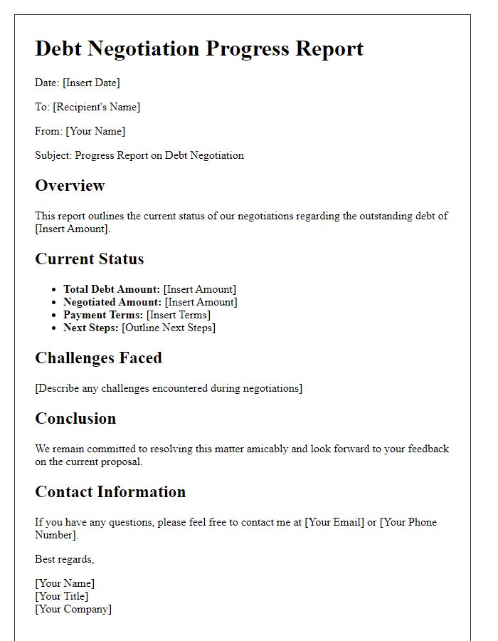 Letter template of debt negotiation progress report