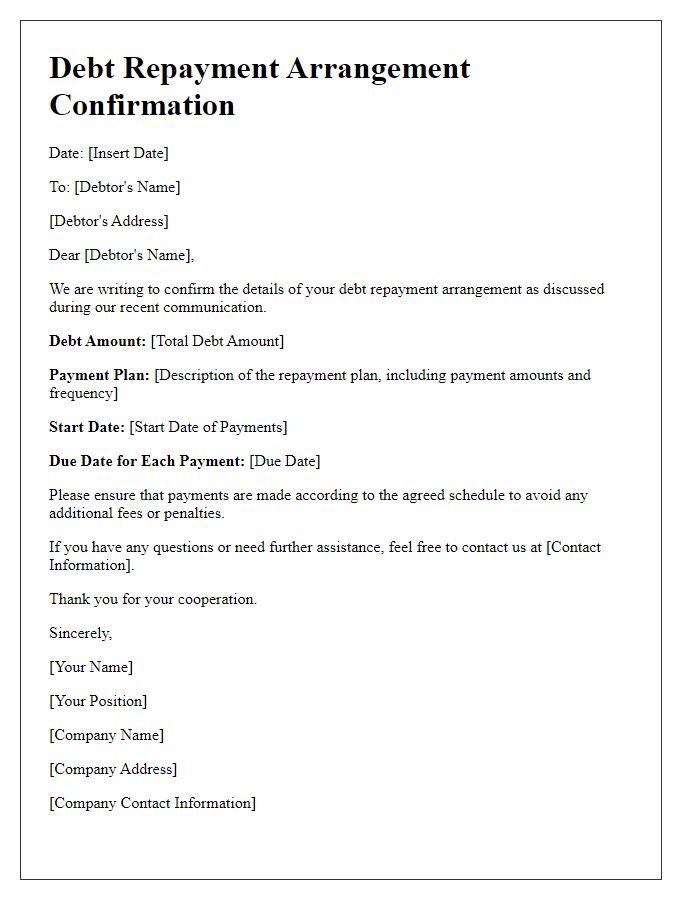 Letter template of debt repayment arrangement confirmation