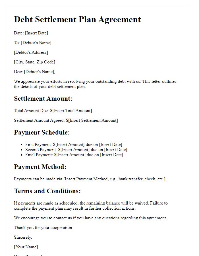 Letter template of debt settlement plan details